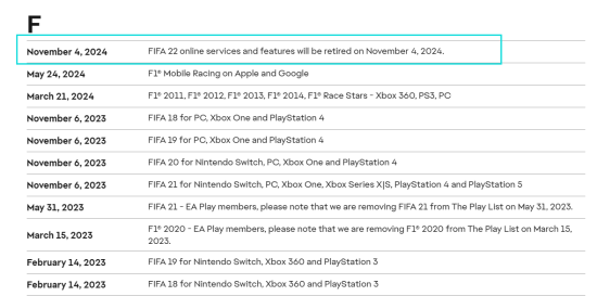 FIFA22线上服务器将于11月4日停止服务