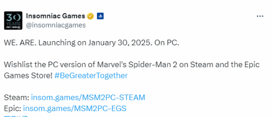 蜘蛛侠将于1月底登陆PC平台，失眠组提醒玩家添加愿望单
